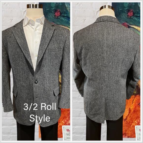 Harris Tweed x Jos A Bank 44R Black White Herringbone Sport Coat Blazer 3/2 Roll - Picture 7 of 14